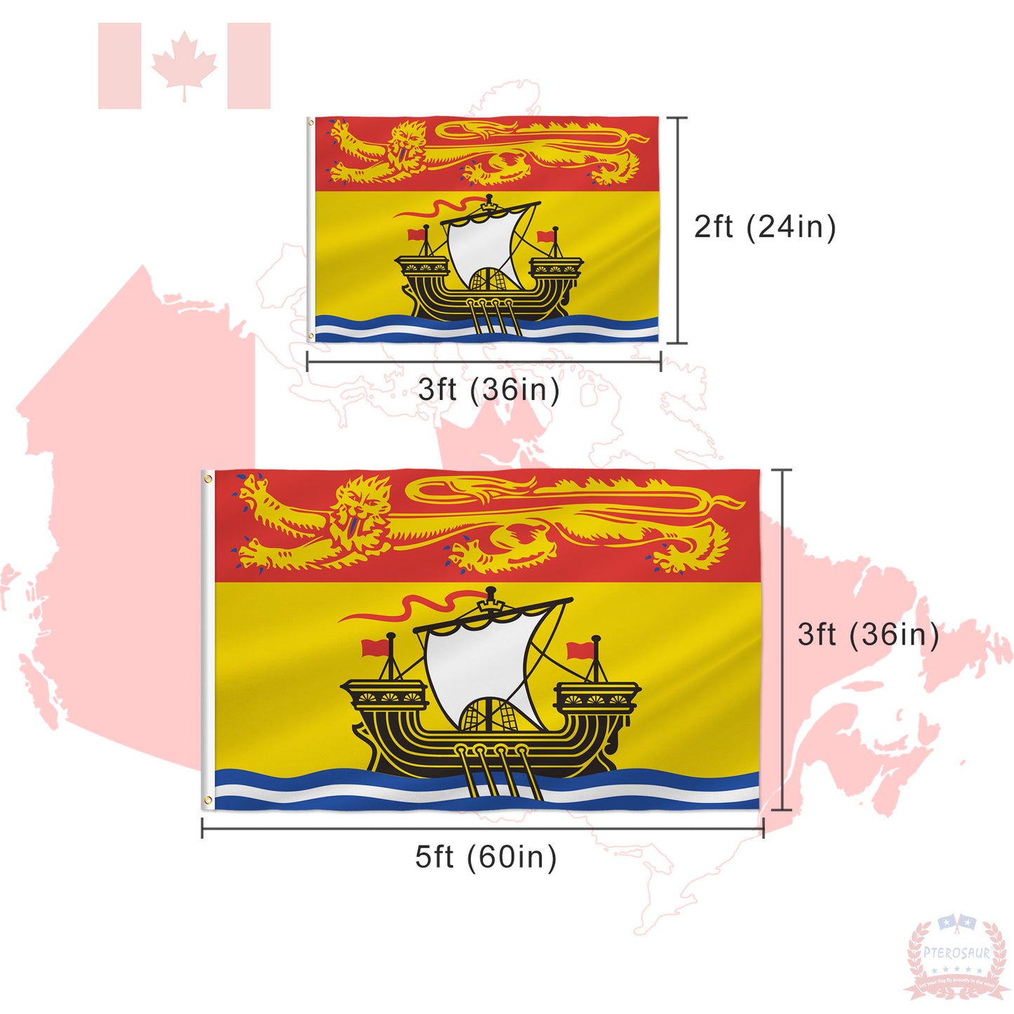 PTEROSAUR Canada New Brunswick Province Flag, CA Canadian New Brunswick Flag with Brass Grommets Indoor Outdoor Decor Banner