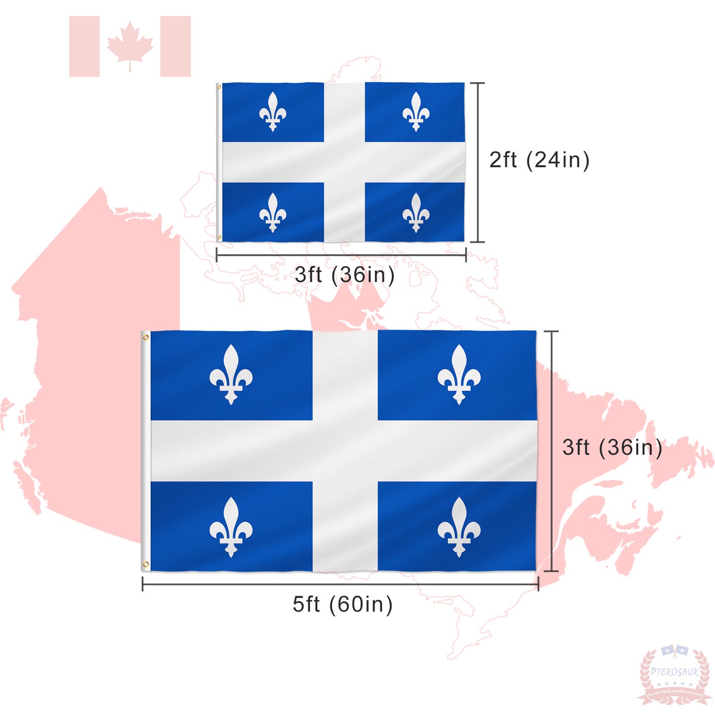 PTEROSAUR Canada Quebec Province Flag, CA Canadian Quebec Flag for Indoor and Outdoor Decoration Banner