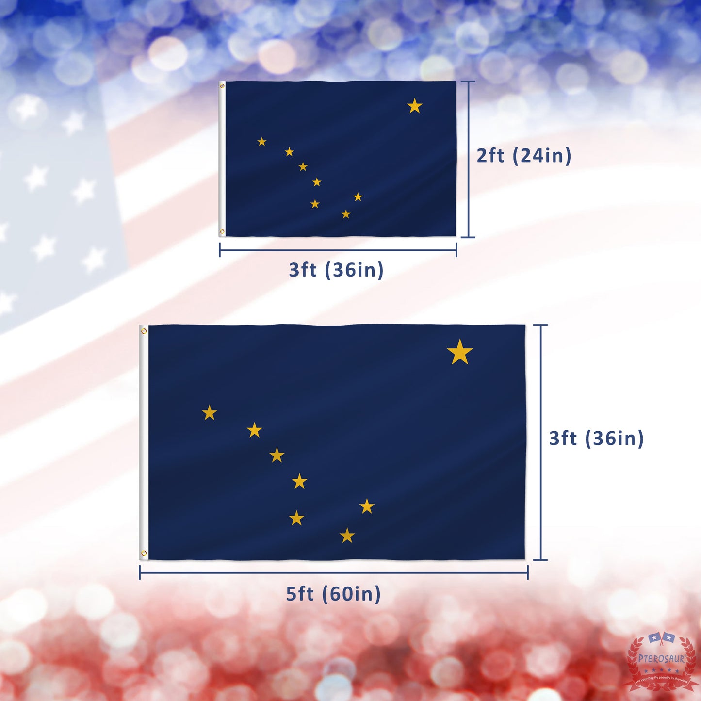 PTEROSAUR Alaska State Flag, US American Alaskan Alaska Flag with Brass Grommets, Outdoor and Indoor Decoration Banner