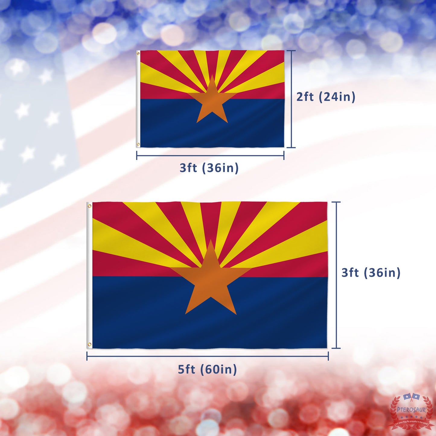 PTEROSAUR Arizona State Flag, US American Arizona Flag with Brass Grommets, Outdoor and Indoor Decoration Banner