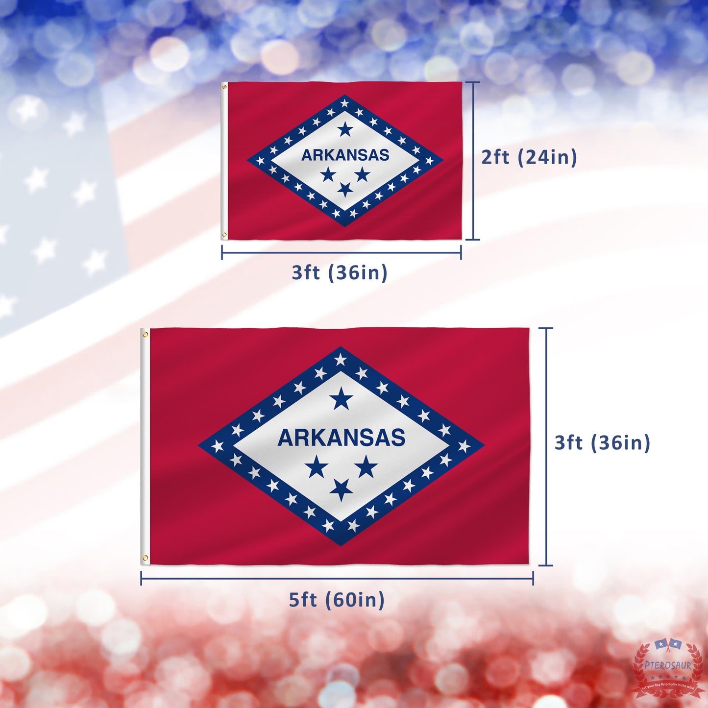 PTEROSAUR Arkansas Flag, US American Arkansas Flag with Brass Grommets, Outdoor and Indoor Decoration Banner