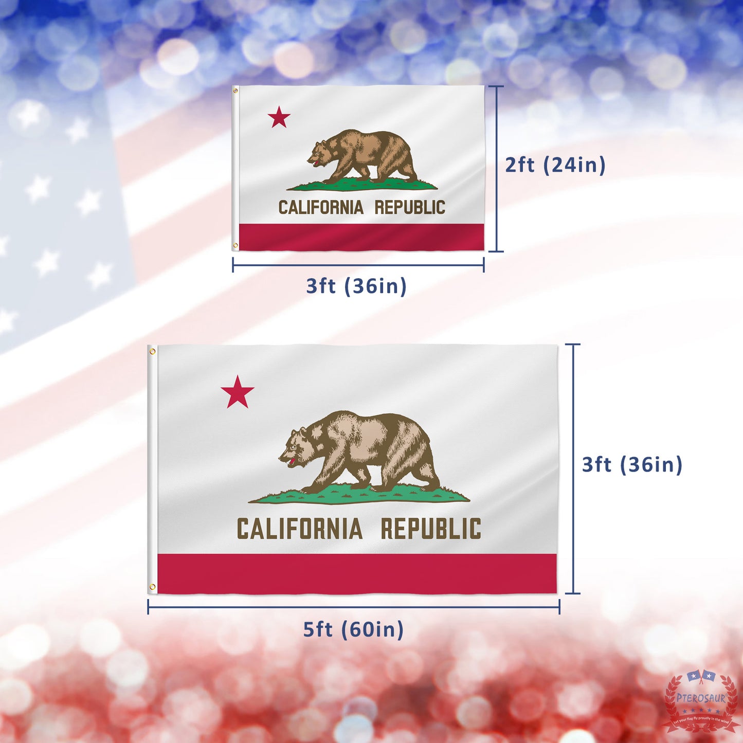 PTEROSAUR California State Flag, California Flag with Brass Grommets, Outdoor and Indoor Decoration Banner