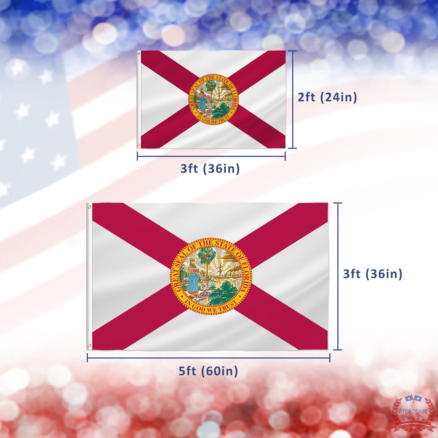 PTEROSAUR USA Florida Flag, US American Florida State Flag with Brass Grommets for Outdoor and Indoor Decoration Banner