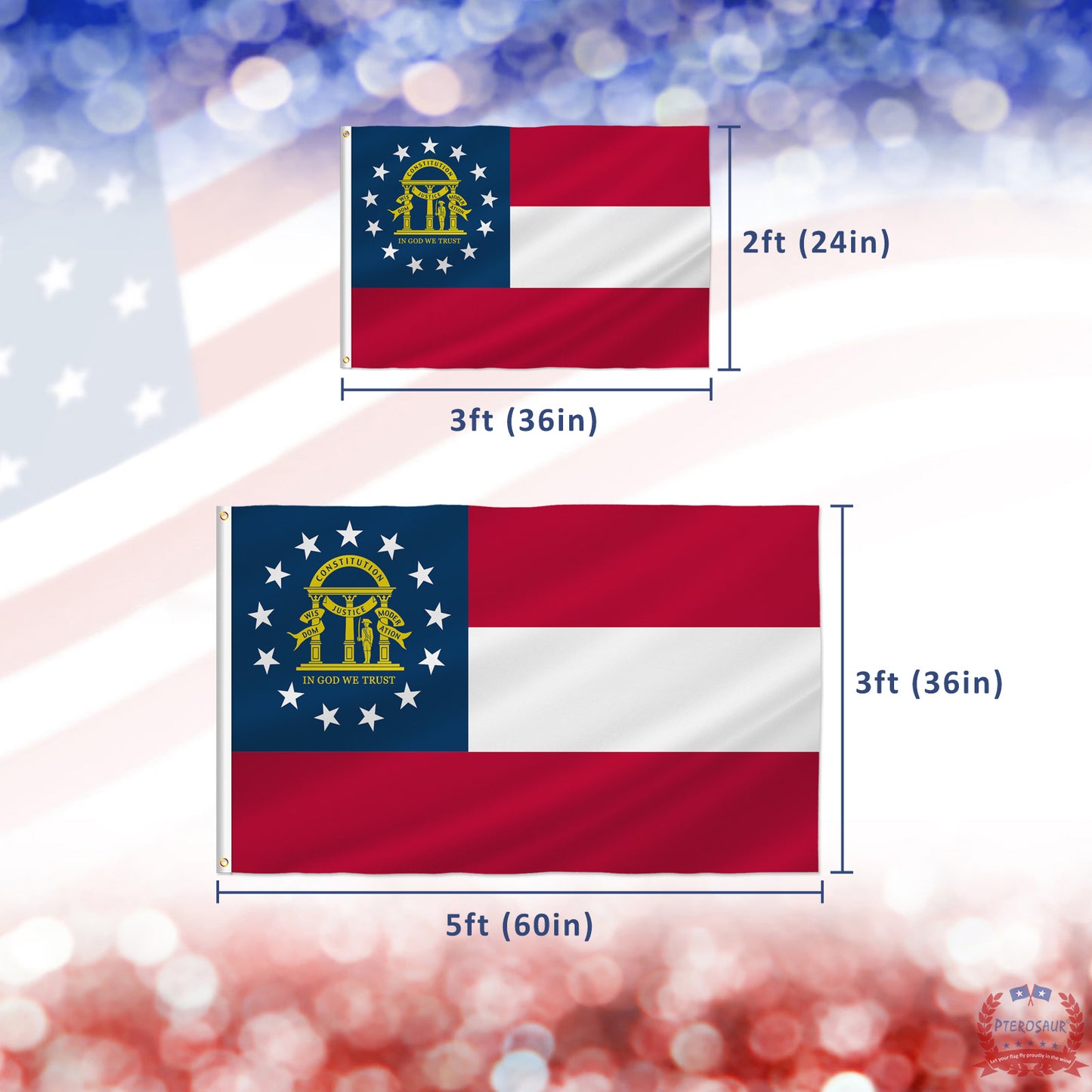 PTEROSAUR USA Georgia Flag, US American GA Georgia State Flag with Brass Grommets for Outdoor and Indoor Decoration Banner