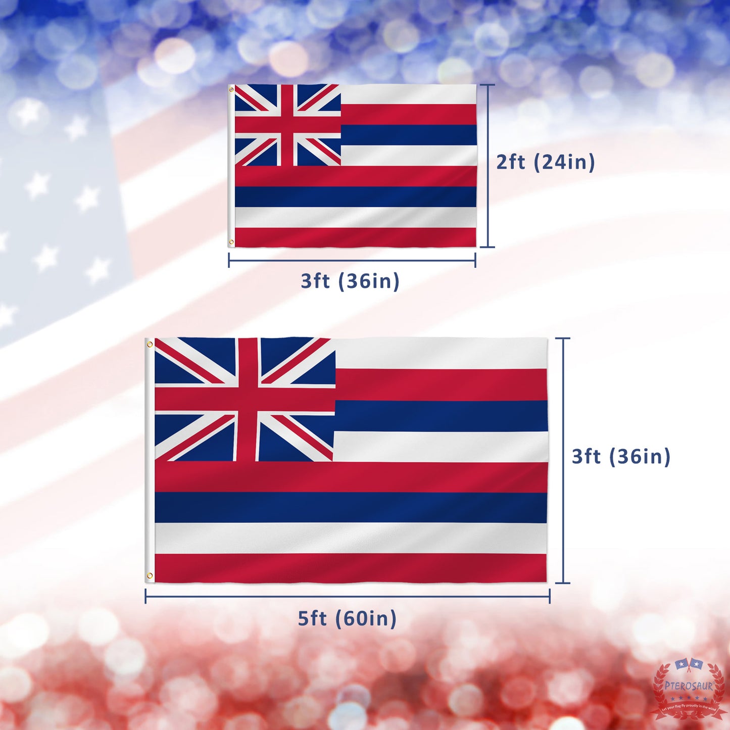 PTEROSAUR USA Hawaii Flag, US American HI Hawaiian State Flag with Brass Grommets for Outdoor and Indoor Decoration Banner