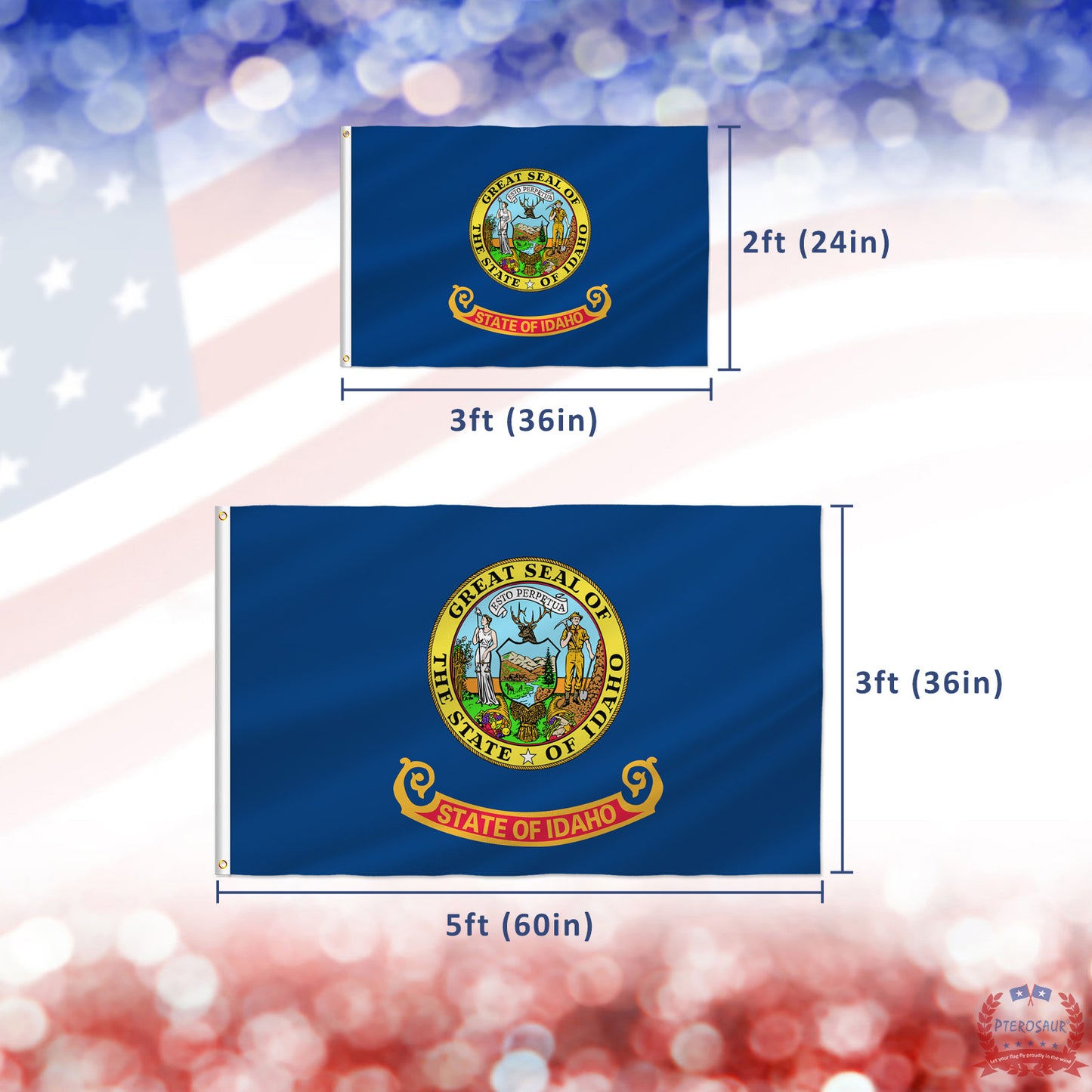 PTEROSAUR USA Idaho Flag, US American ID Idahoan State Flag with Brass Grommets for Outdoor and Indoor Decoration Banner