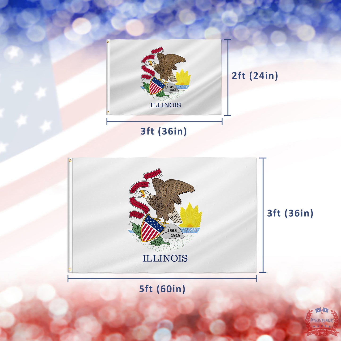 PTEROSAUR USA Illinois Flag, US American IL Illinois State Flag with Brass Grommets for Outdoor and Indoor Decoration Banner
