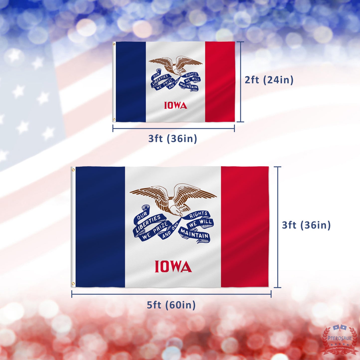 PTEROSAUR USA Iowa Flag, US American IA Iowa State Flag with Brass Grommets for Outdoor and Indoor Decoration Banner