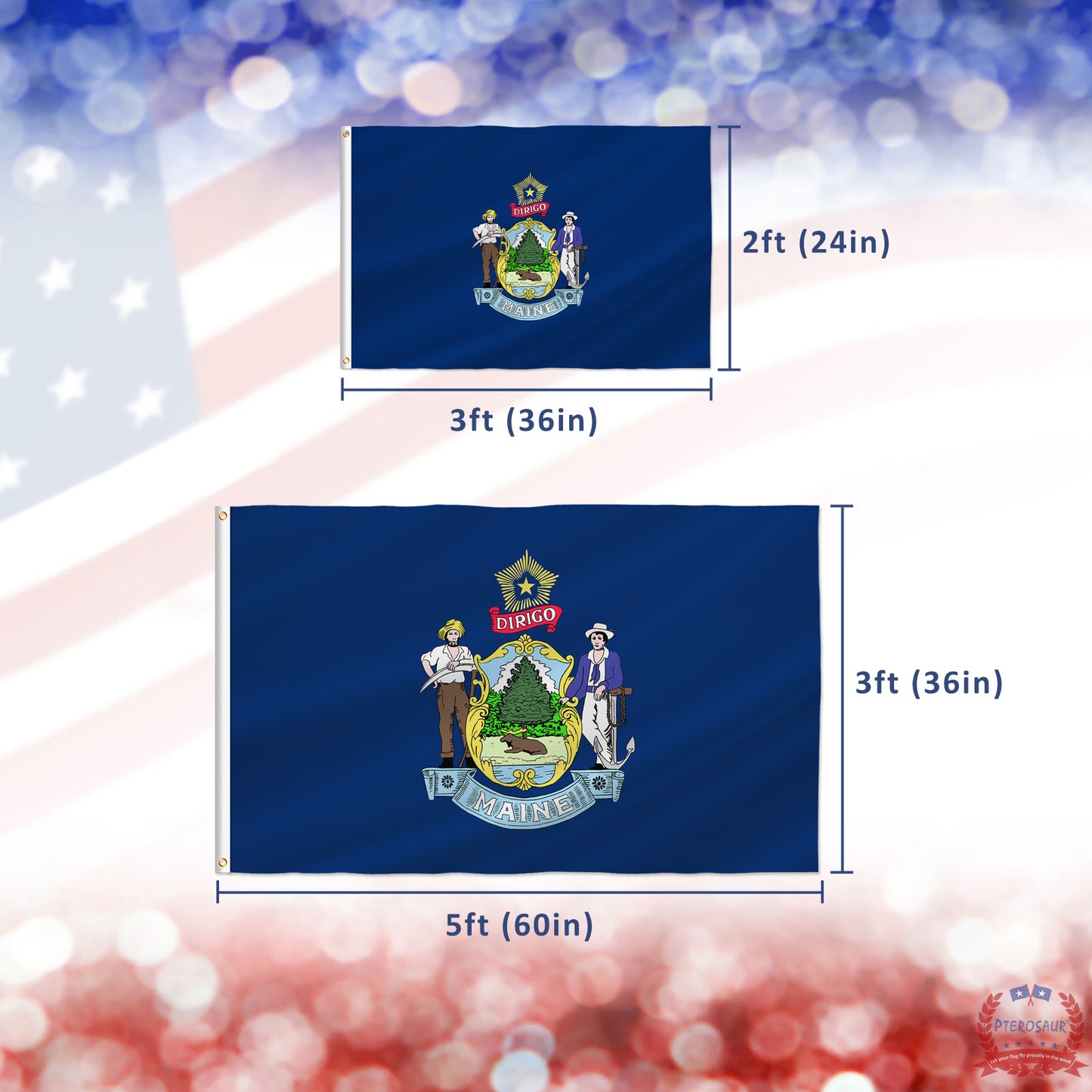 PTEROSAUR USA Maine Flag, US American Maine State Flag with Brass Grommets for Outdoor and Indoor Decoration Banner