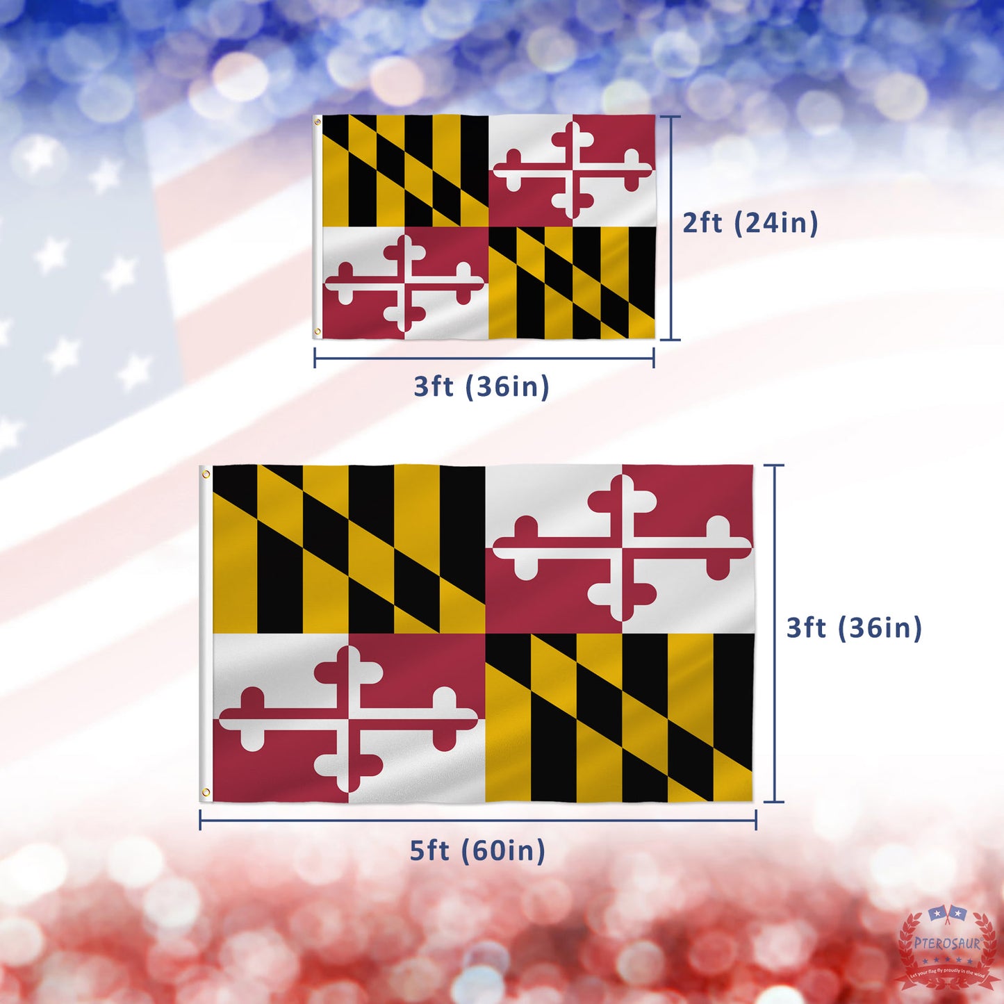 PTEROSAUR USA Maryland Flag, US American MD Maryland State Flag with Brass Grommets for Outdoor and Indoor Decoration Banner