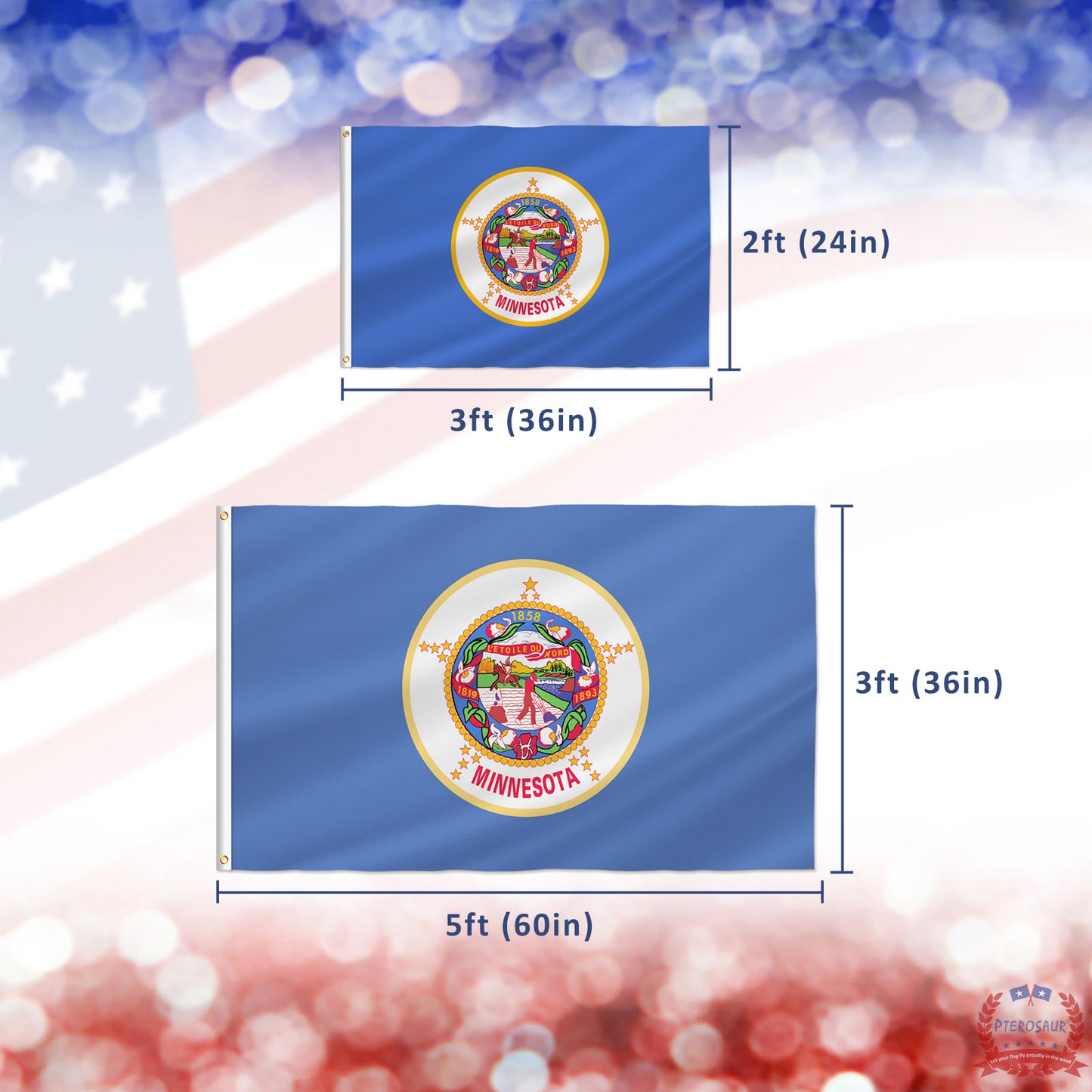 PTEROSAUR USA Minnesota Flag, US American MN Minnesotan State Flag with Brass Grommets for Outdoor and Indoor Decoration Banner