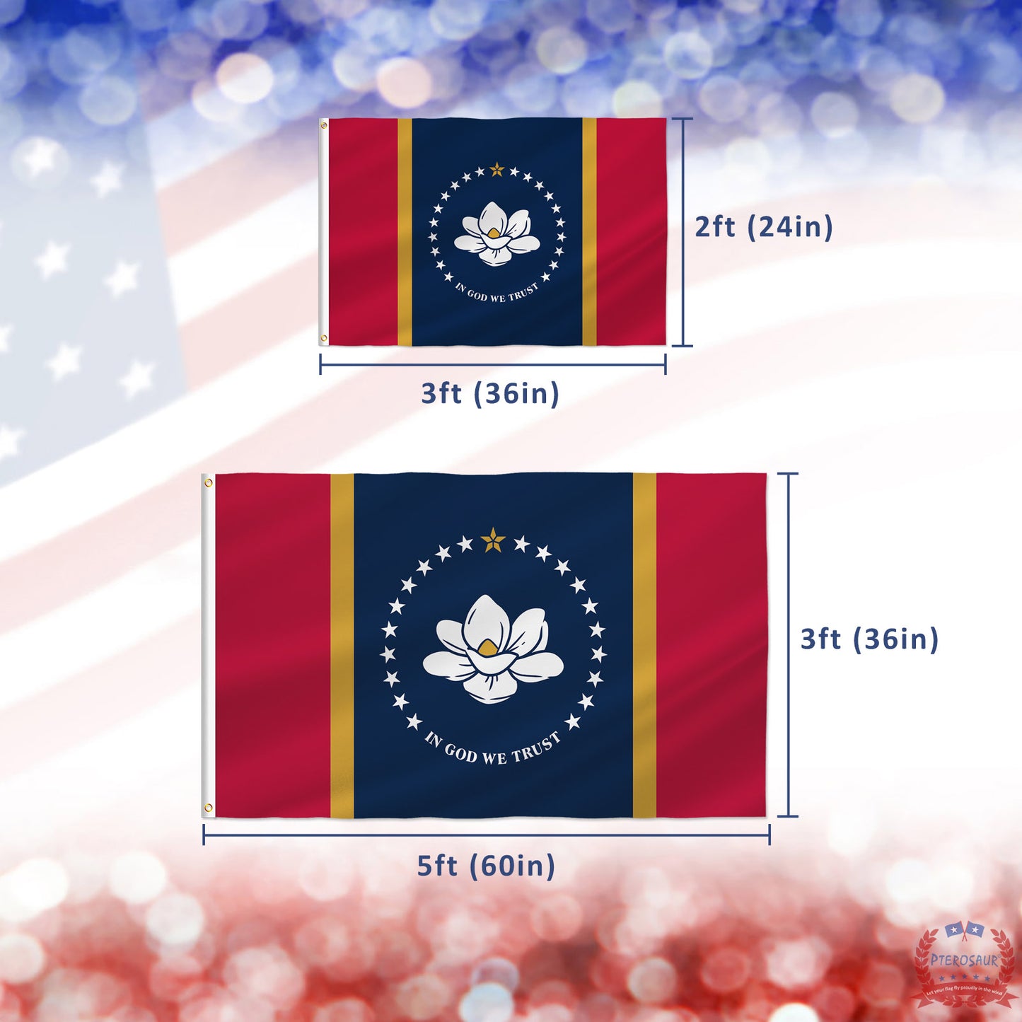 PTEROSAUR USA Mississippi Flag, US American Magnolia MS State Flag with Brass Grommets for Outdoor and Indoor Decoration Banner