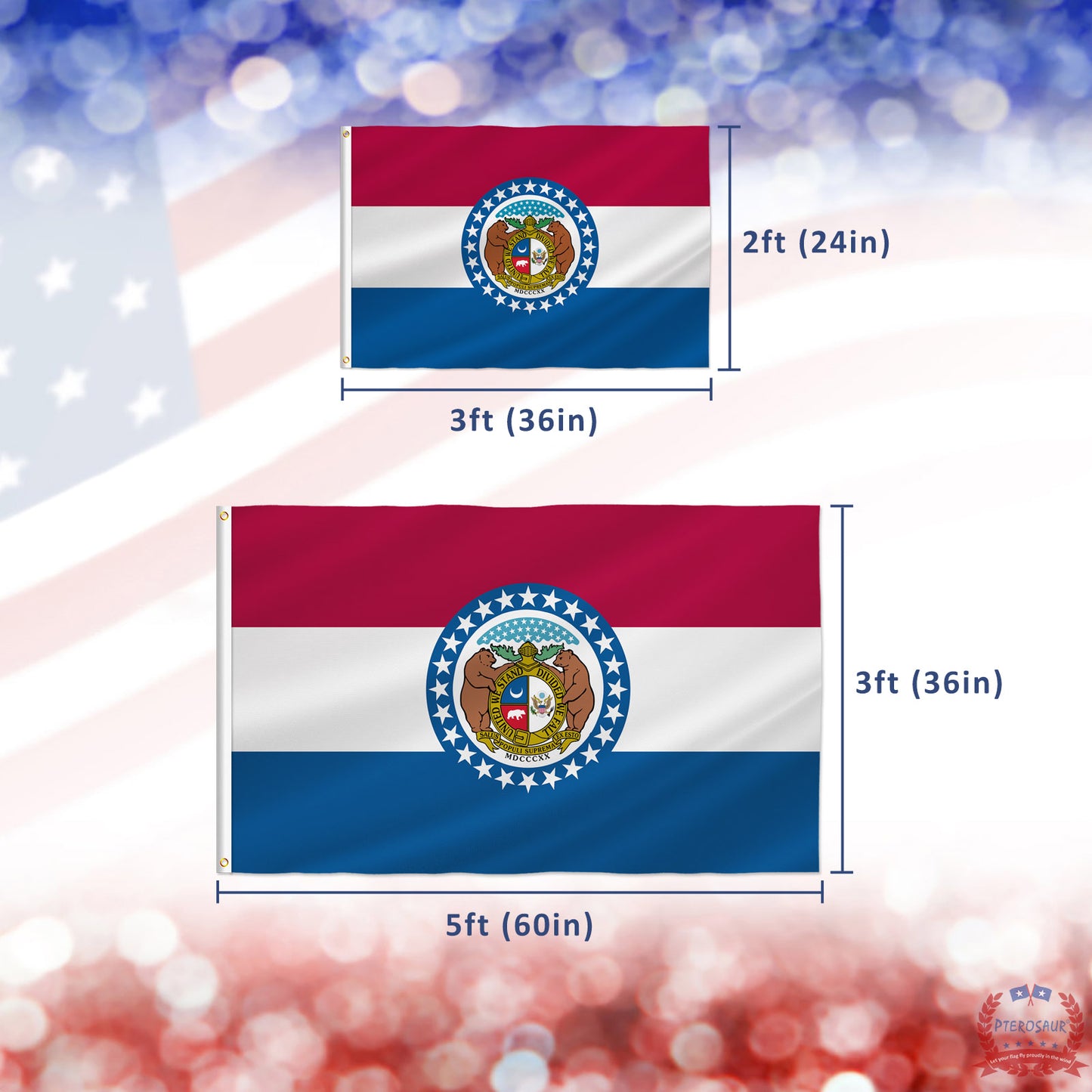 PTEROSAUR USA Missouri Flag, US American MO Missourian State Flag with Brass Grommets for Outdoor and Indoor Decoration Banner