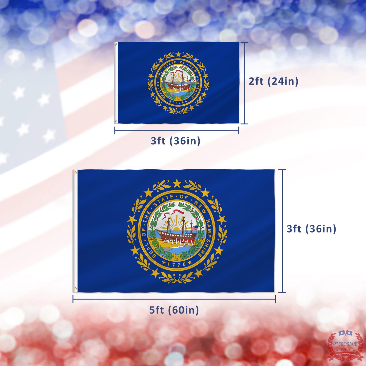 PTEROSAUR USA New Hampshire Flag, US American NH New Hampshire State Flag with Brass Grommets Outdoor Indoor Decoration Banner