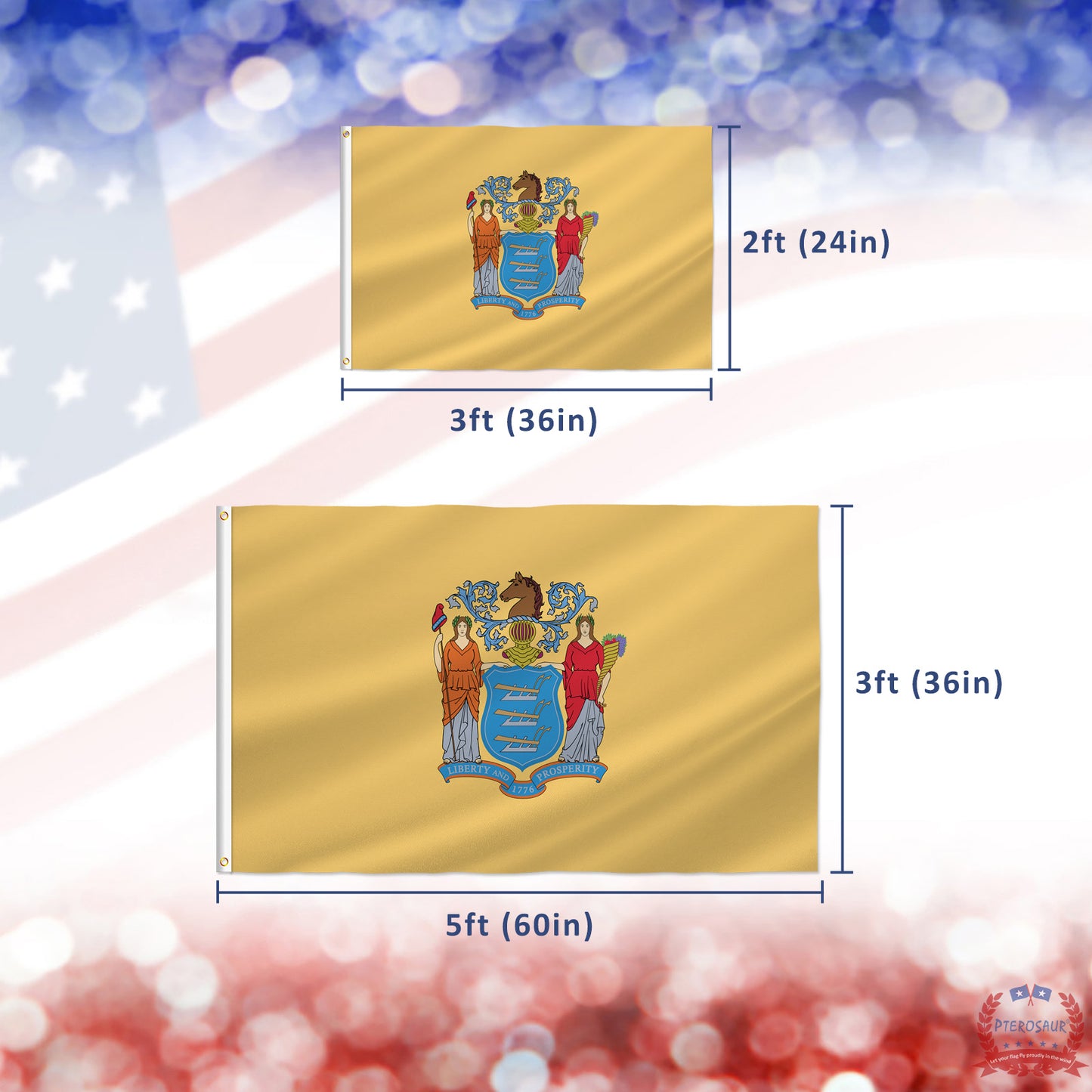 PTEROSAUR USA New Jersey Flag, US American NJ New Jersey State Flag with Brass Grommets for Outdoor and Indoor Decoration Banner