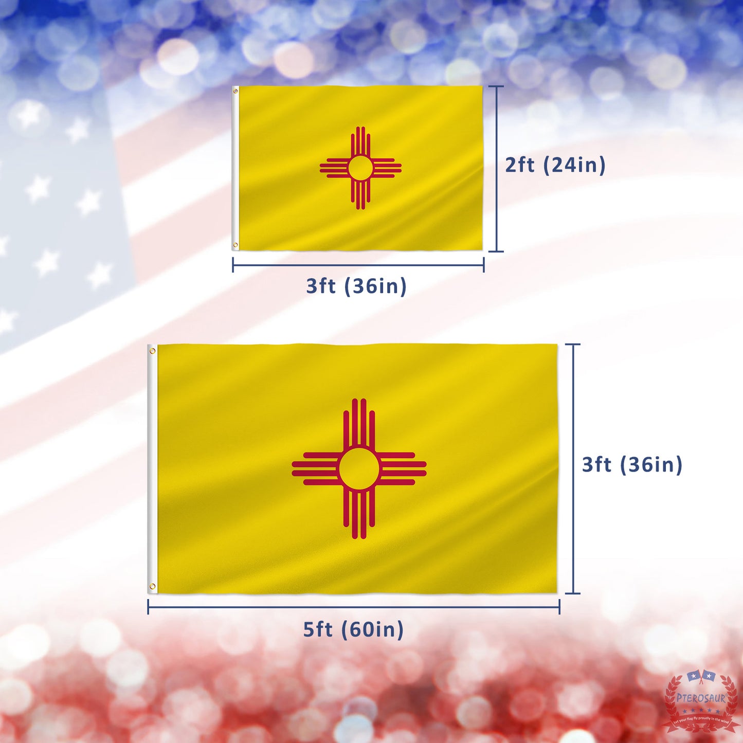 PTEROSAUR USA New Mexico Flag, US American NM New Mexico State Flag with Brass Grommets for Outdoor and Indoor Decoration Banner