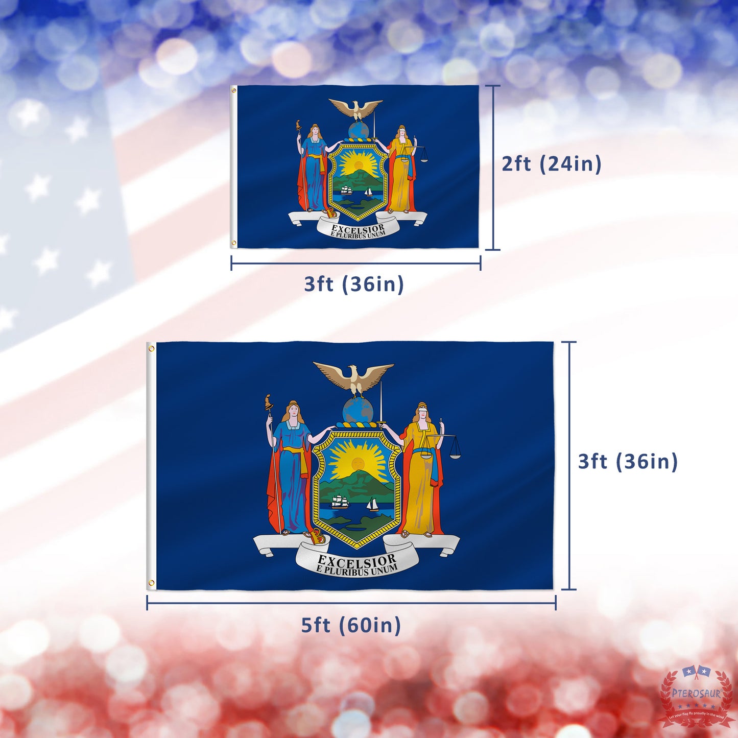 PTEROSAUR USA New York Flag, US American NY New York State Flag with Brass Grommets for Outdoor and Indoor Decoration Banner