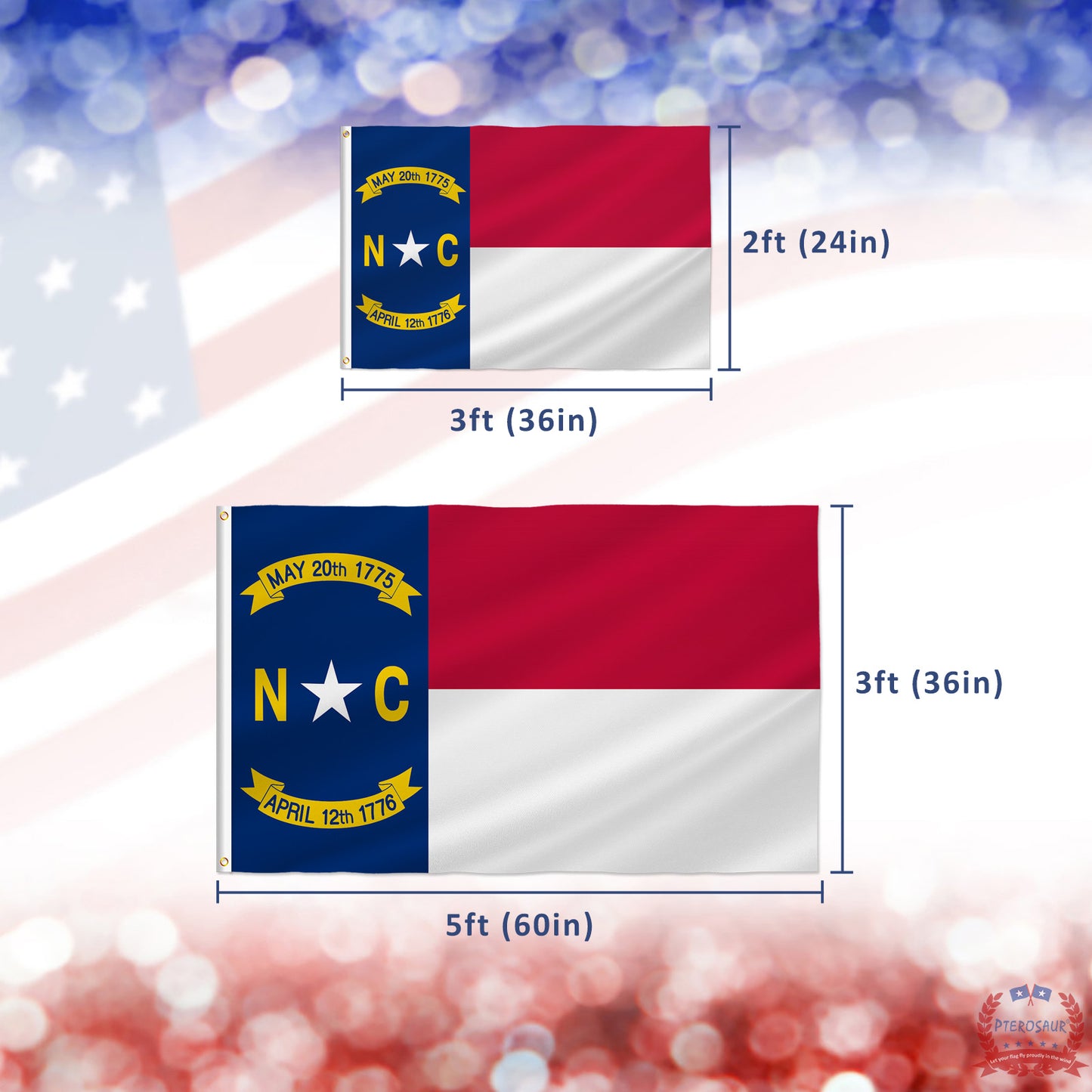 PTEROSAUR USA North Carolina Flag, US American NC North Carolina State Flag with Brass Grommets for Outdoor Indoor Decor Banner
