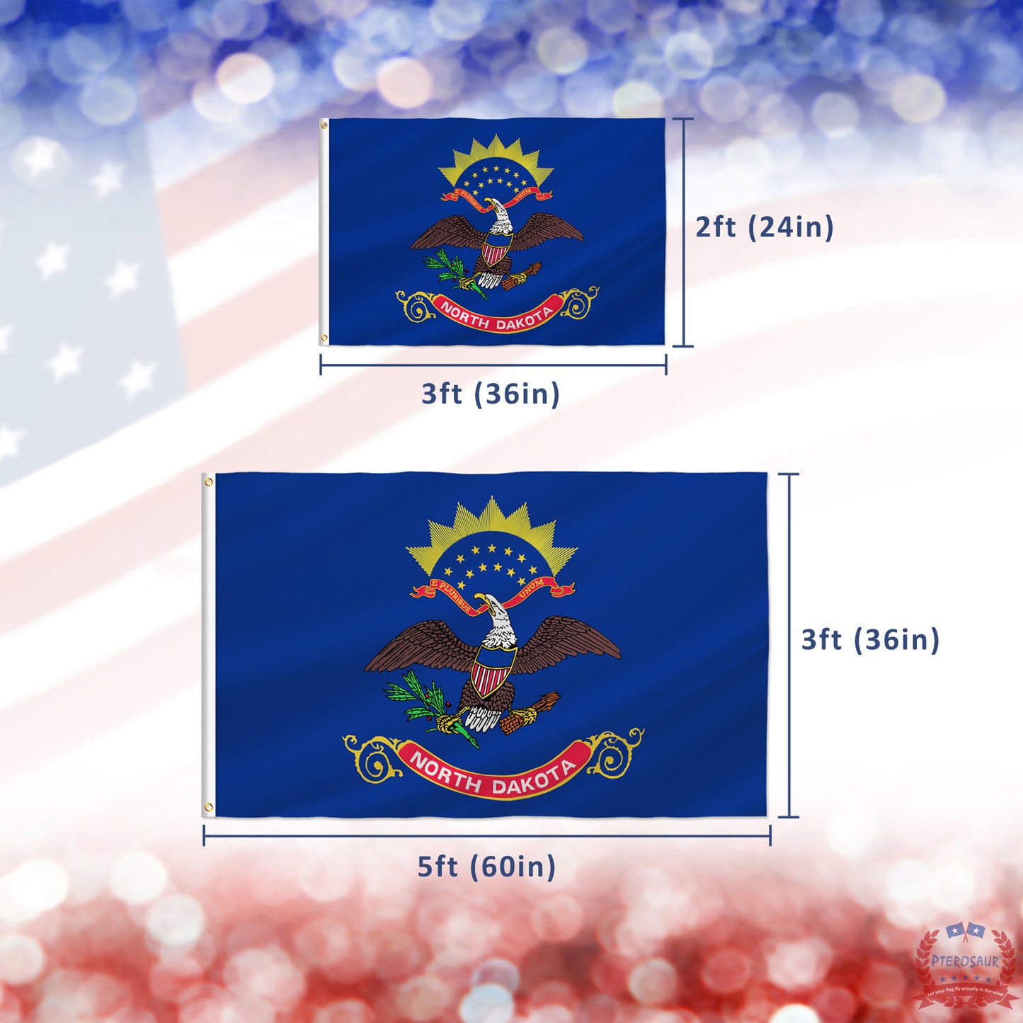 PTEROSAUR USA North Dakota Flag, US American ND North Dakota State Flag with Brass Grommets for Outdoor and Indoor Decor Banner