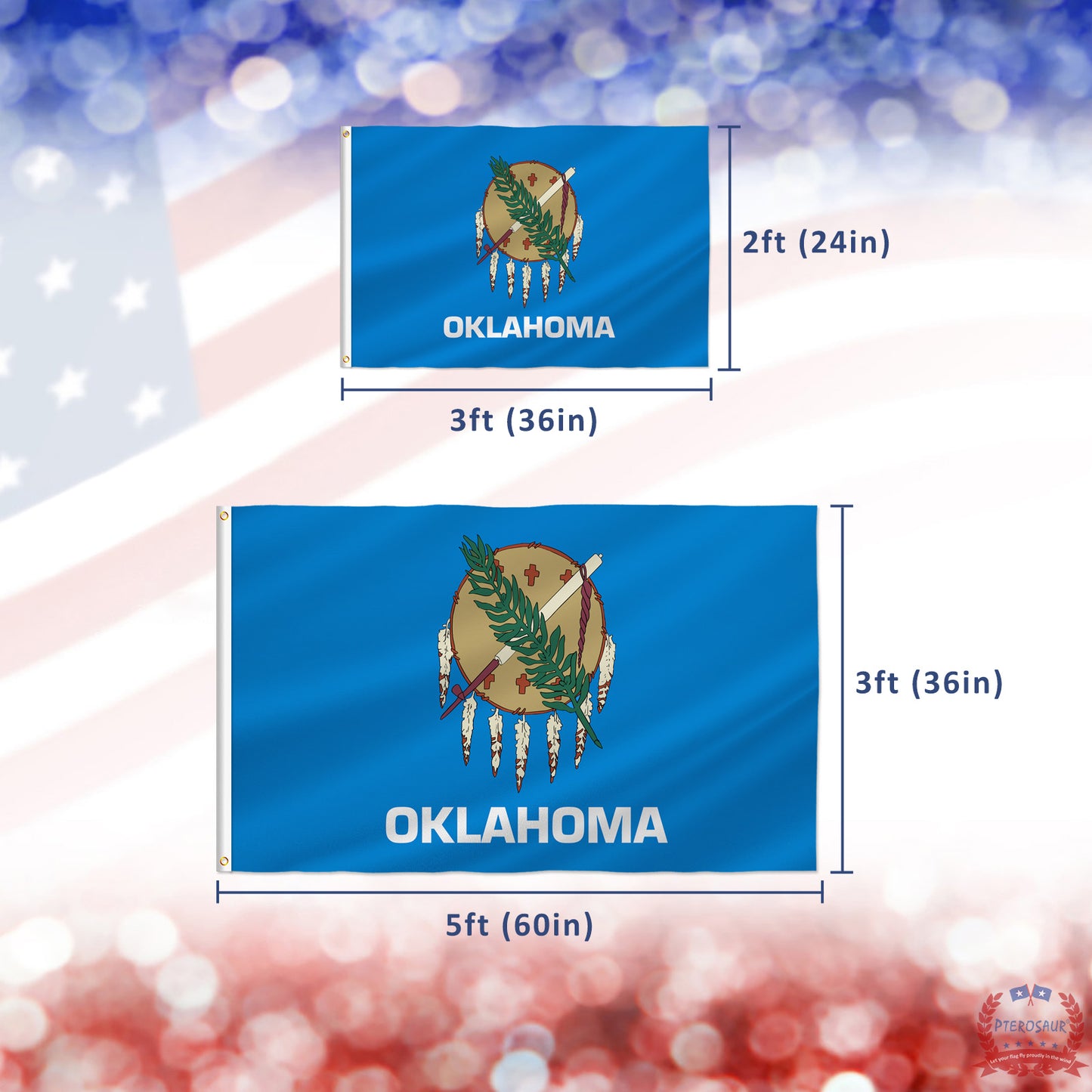 PTEROSAUR USA Oklahoma Flag, US American OK Oklahoman State Flag with Brass Grommets for Outdoor and Indoor Decoration Banner