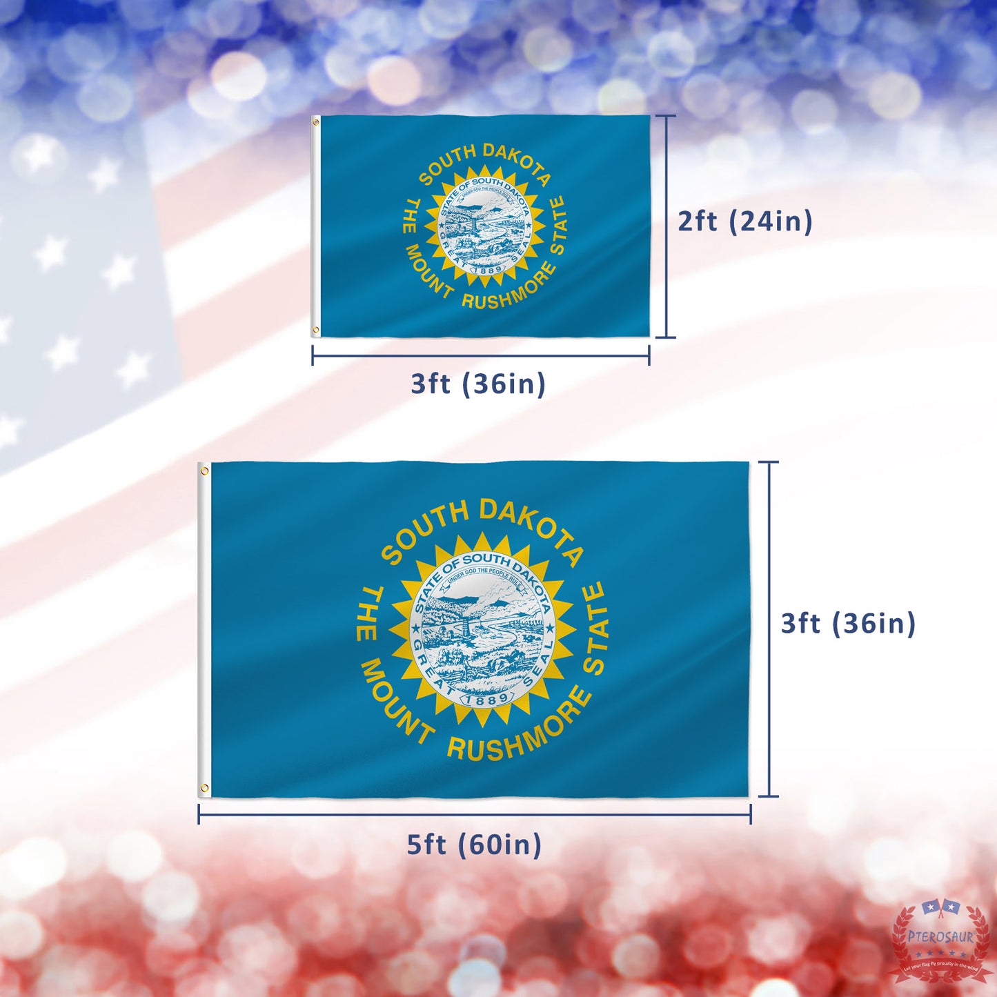 PTEROSAUR USA South Dakota Flag, US American SD South Dakota State Flag with Brass Grommets for Outdoor Indoor Decoration Banner
