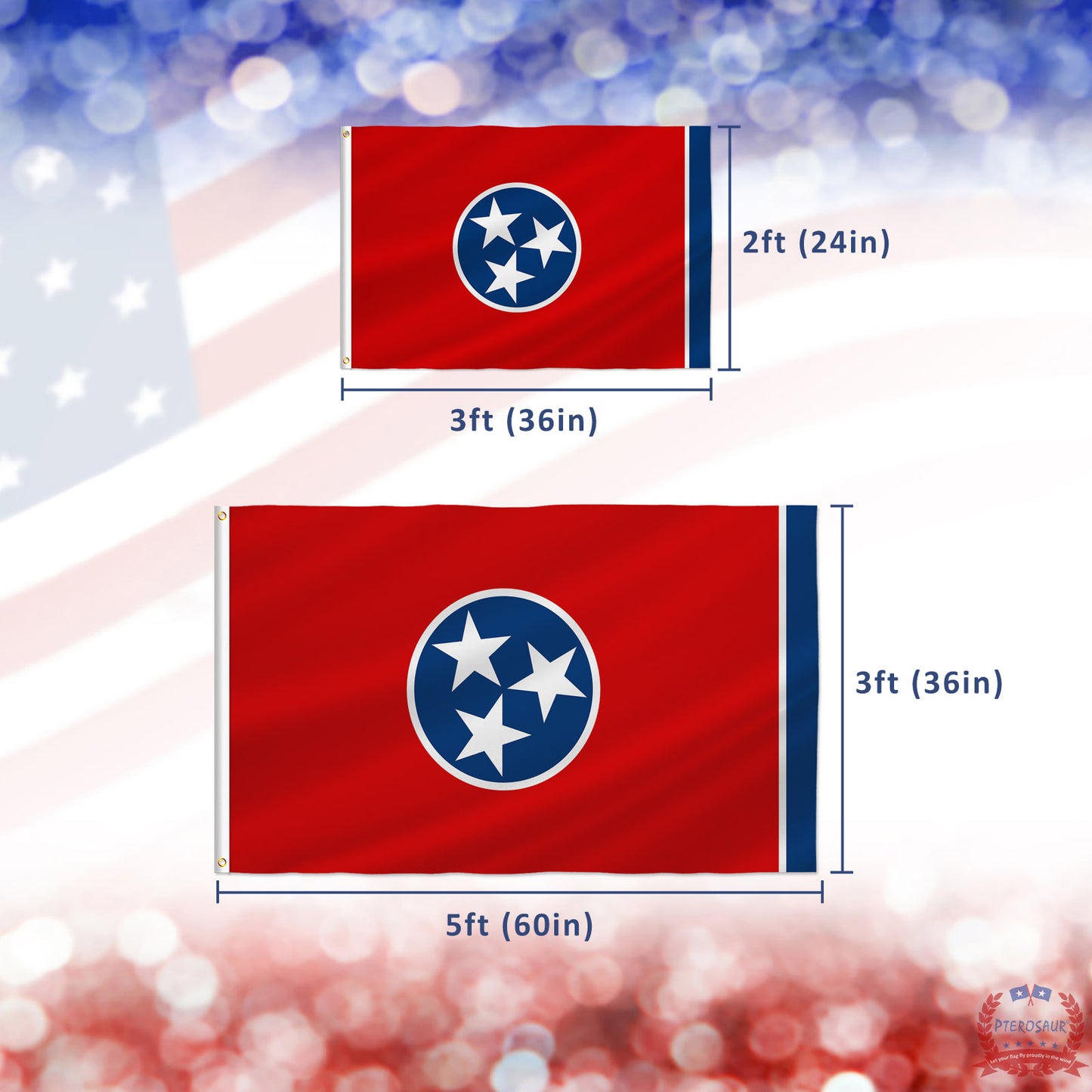 PTEROSAUR USA Tennessee Flag, US American Tennessean State Flag with Brass Grommets for Outdoor and Indoor Decoration Banner