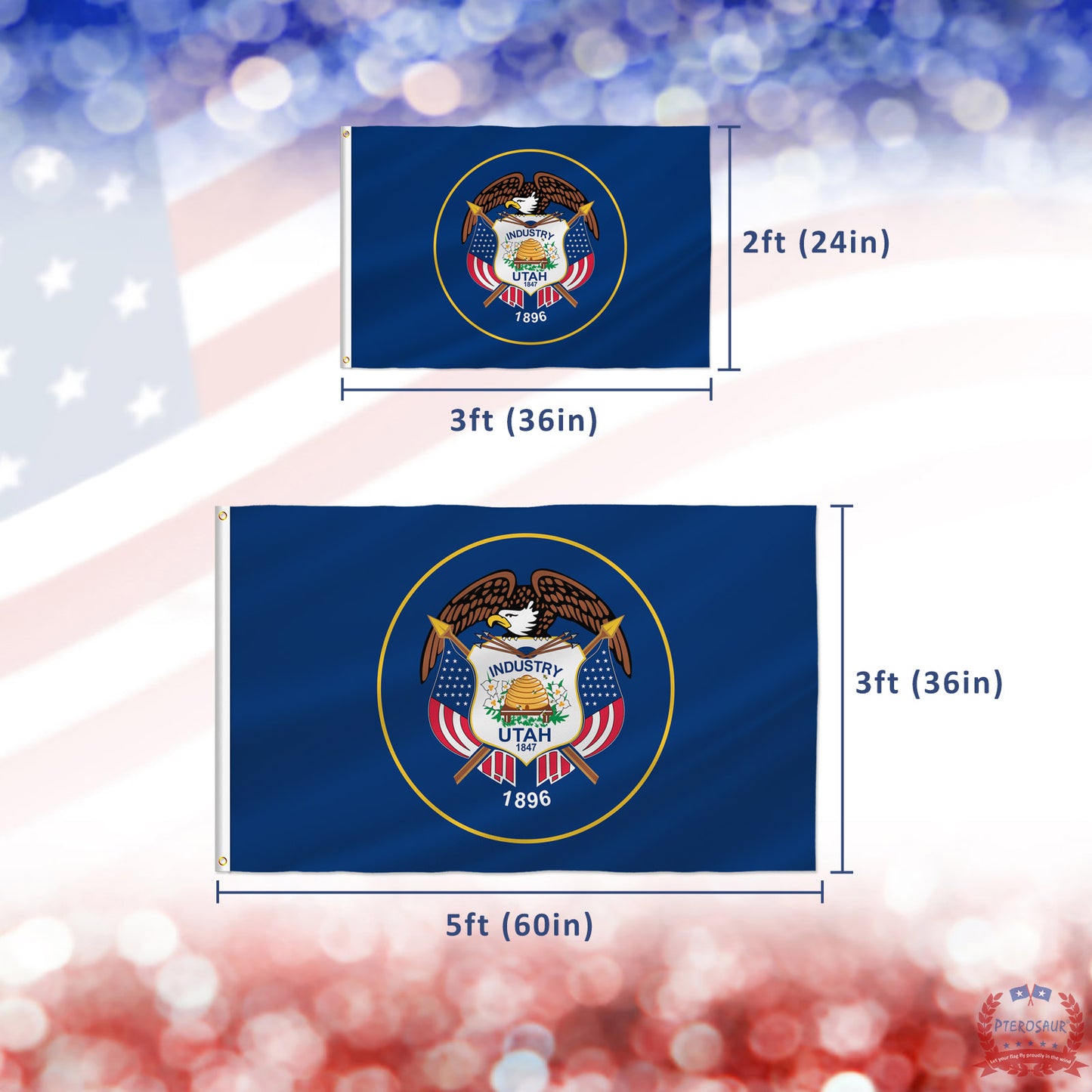 PTEROSAUR USA Utah Flag, US American UT Utah State Flag with Brass Grommets for Outdoor and Indoor Decoration Banner