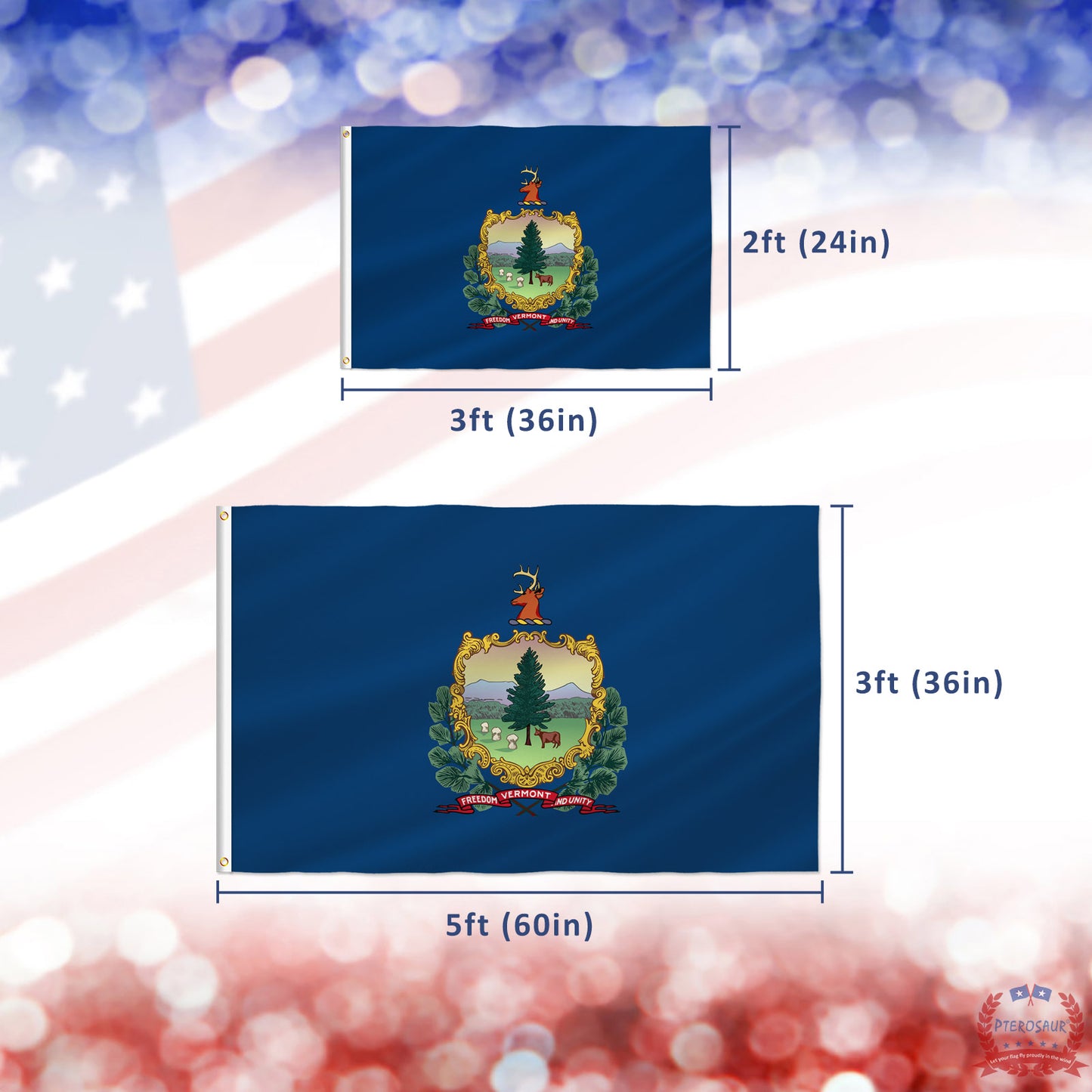 PTEROSAUR USA Vermont Flag, US American VT Vermont State Flag with Brass Grommets for Outdoor and Indoor Decoration Banner