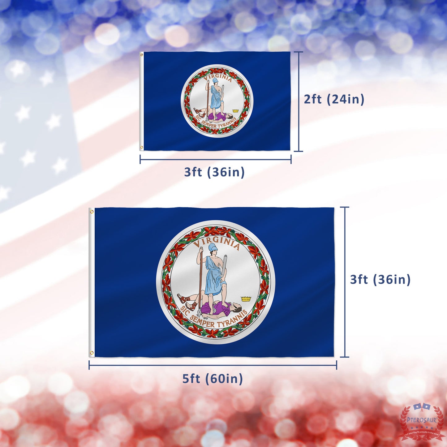 PTEROSAUR USA Virginia Flag, US American VA Virginia State Flag with Brass Grommets for Outdoor and Indoor Decoration Banner