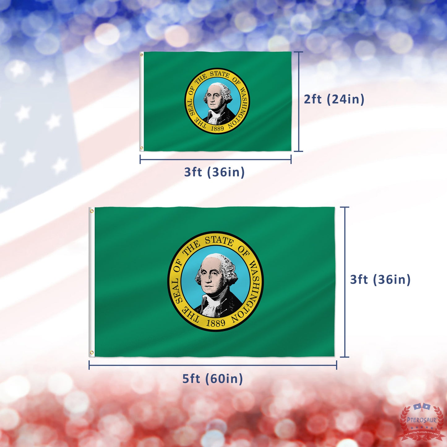 PTEROSAUR USA Washington Flag, US American WA Washington State Flag with Brass Grommets for Outdoor and Indoor Decoration Banner