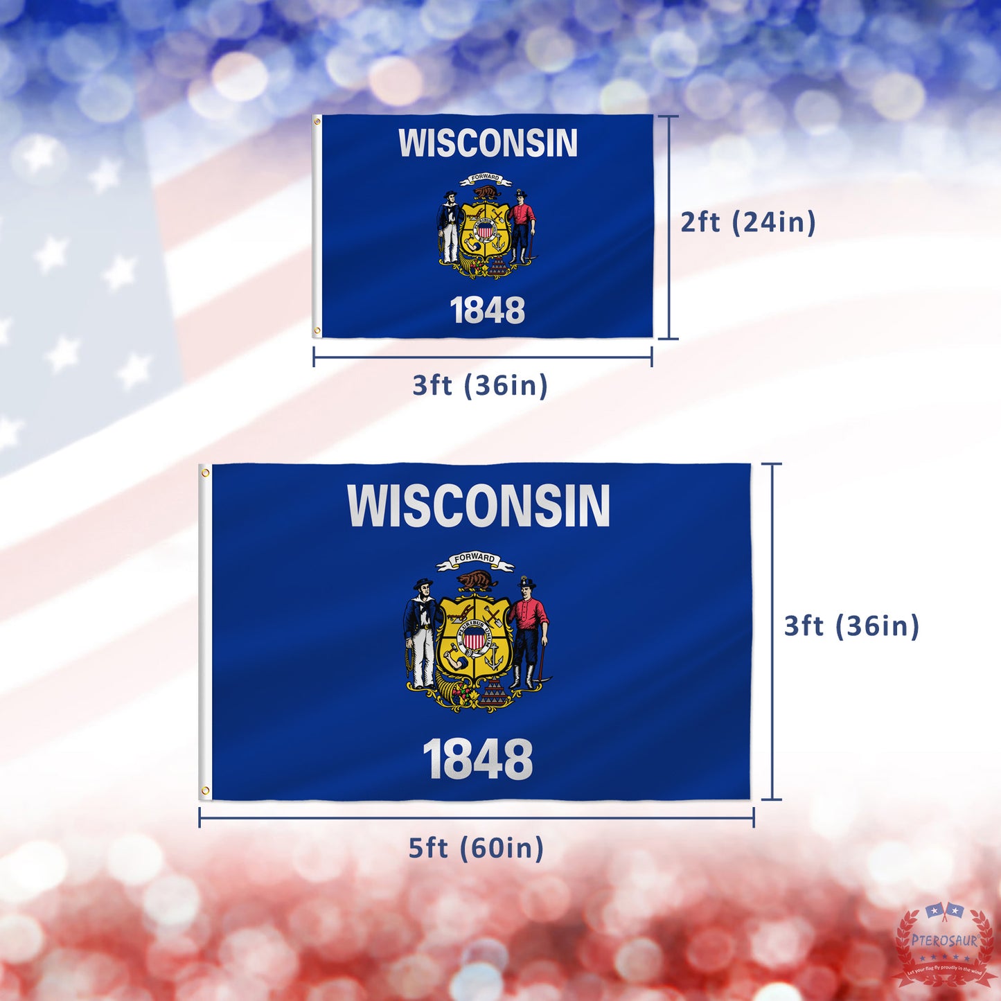 PTEROSAUR USA Wisconsin Flag, US American WI Wisconsin State Flag with Brass Grommets for Outdoor and Indoor Decoration Banner