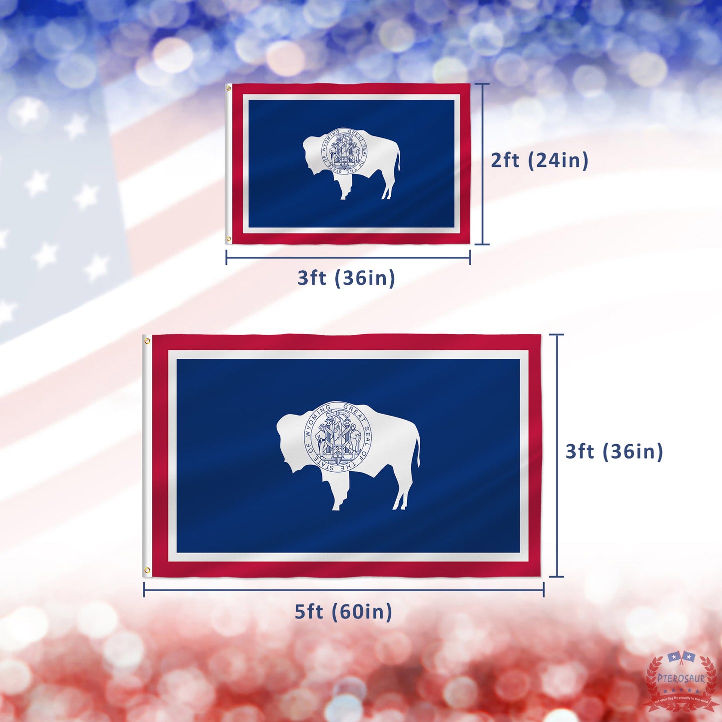 PTEROSAUR USA Wyoming Flag, US American WY Wyoming State Flag with Brass Grommets for Outdoor and Indoor Decoration Banner