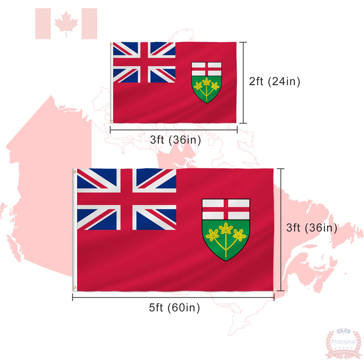 PTEROSAUR Canada Ontario Province Flag, CA Canadian Ontario Flag for Indoor and Outdoor Decoration Banner