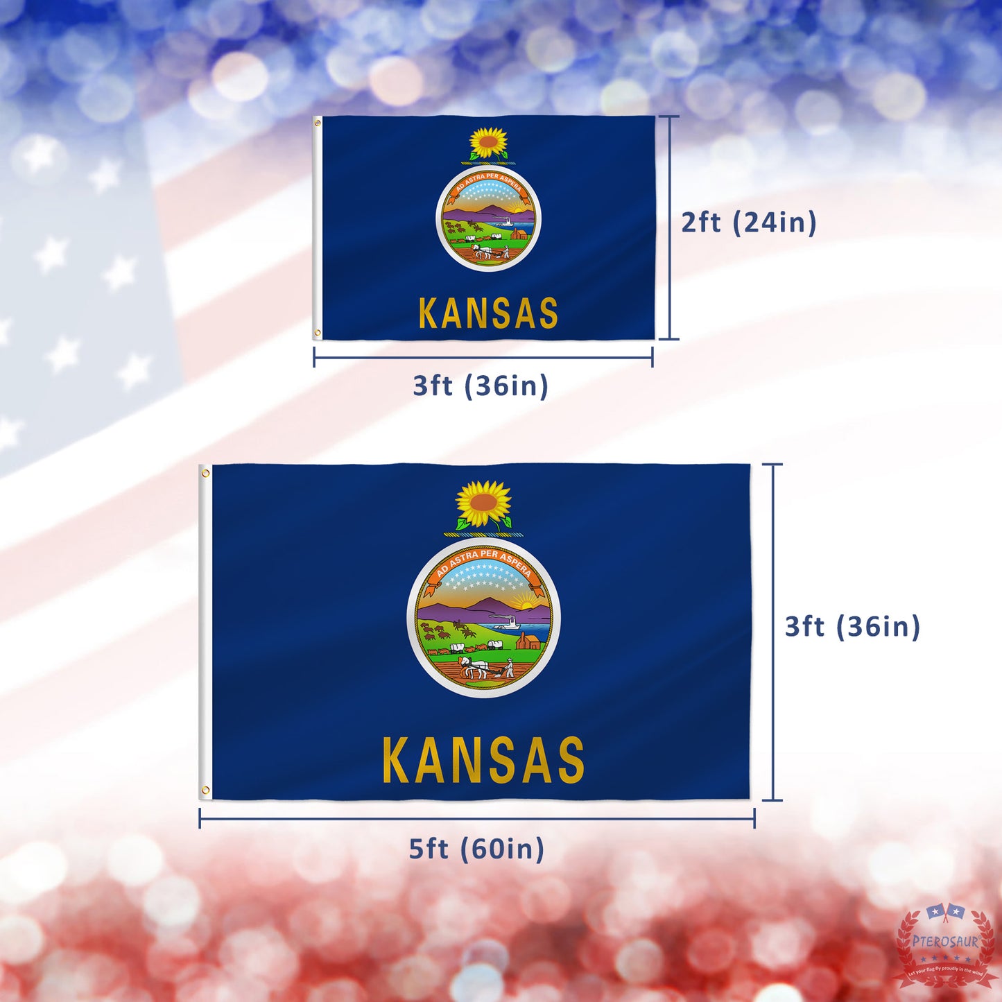 PTEROSAUR USA Kansas Flag, US American KS Kansan State Flag with Brass Grommets for Outdoor and Indoor Decoration Banner