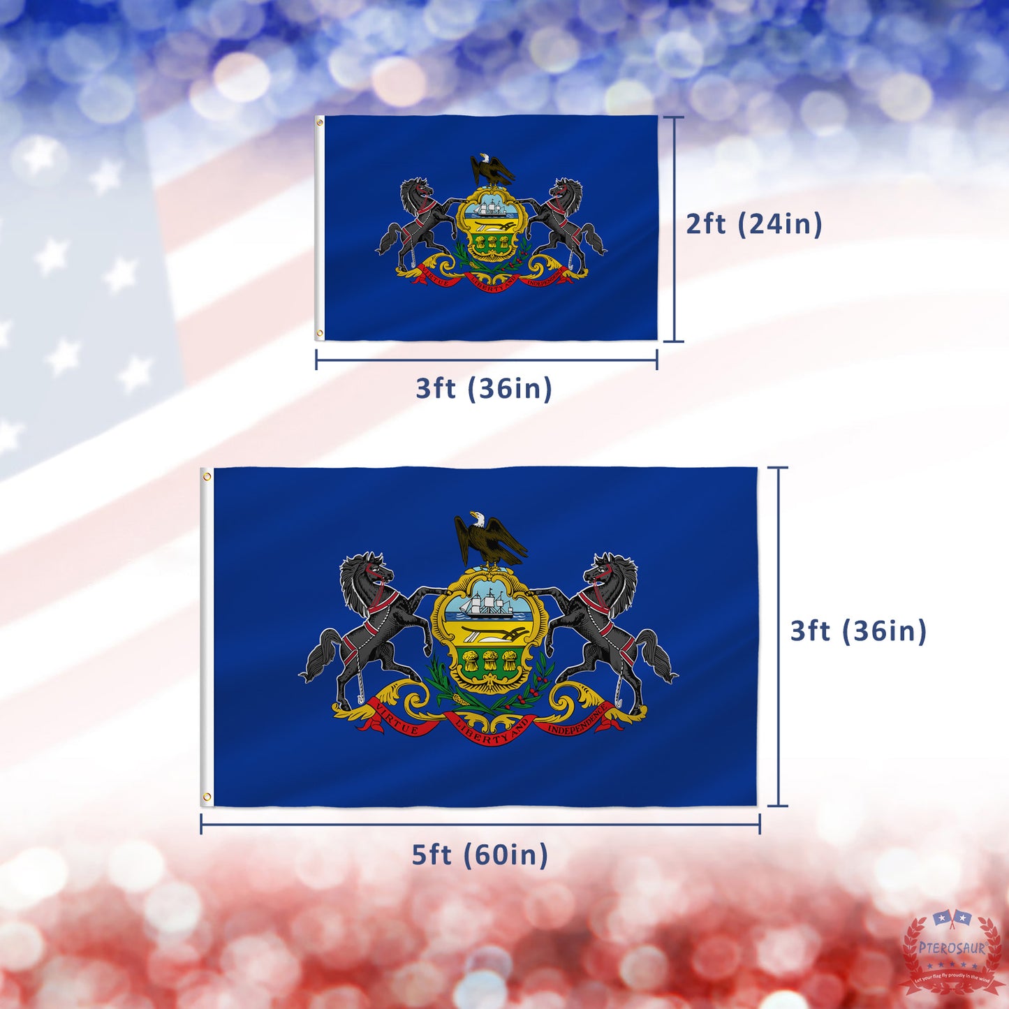 PTEROSAUR USA Pennsylvania Flag, US American PA Pennsylvanian State Flag with Brass Grommets for Outdoor and Indoor Decor Banner