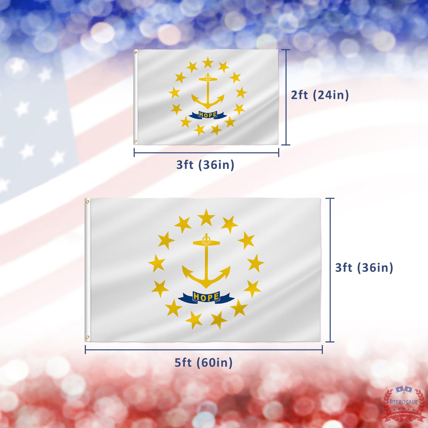 PTEROSAUR USA Rhode Island Flag, US American RI Rhode Island State Flag with Brass Grommets for Outdoor Indoor Decoration Banner