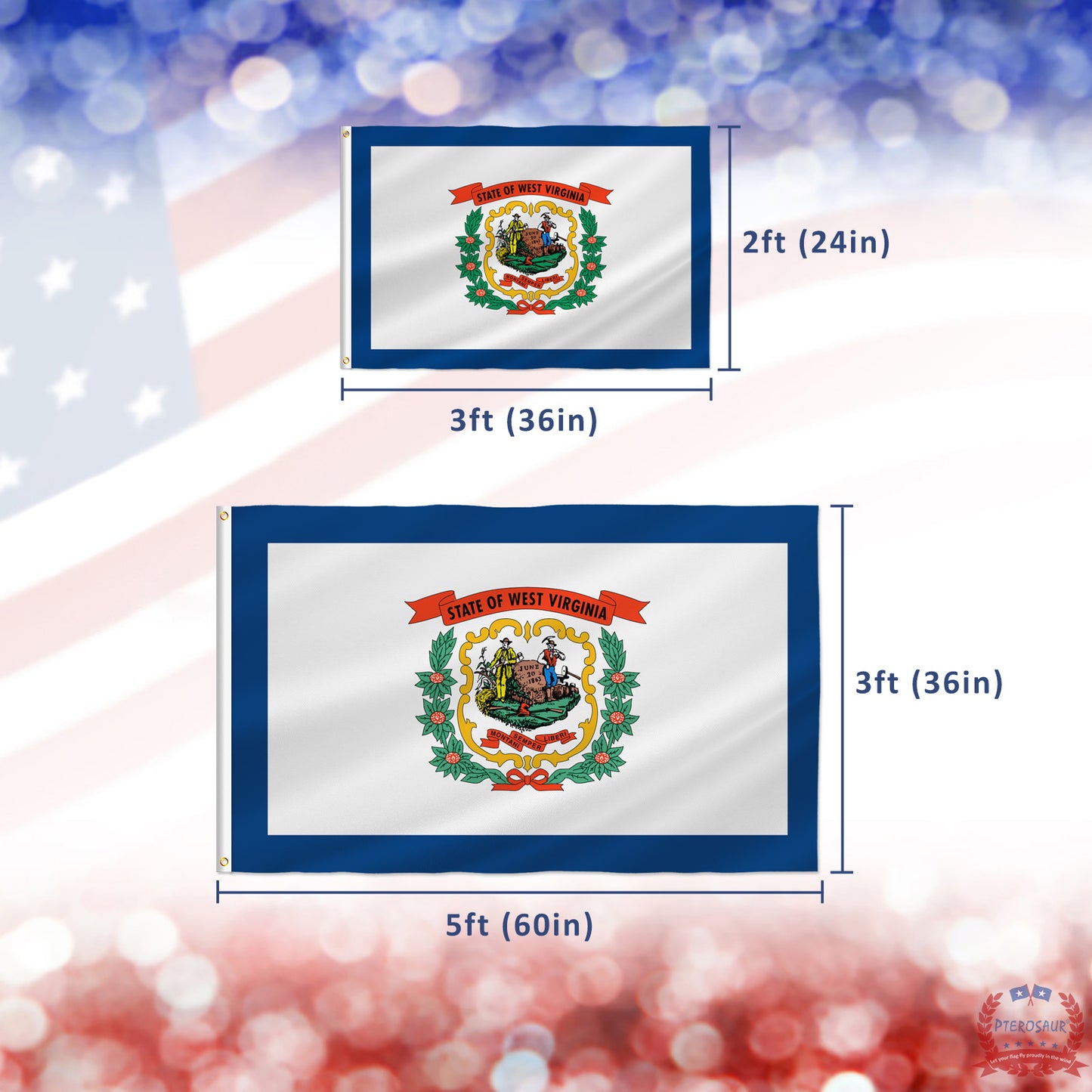 PTEROSAUR USA West Virginia Flag, US American WV West Virginia State Flag with Brass Grommets for Outdoor Indoor Decor Banner